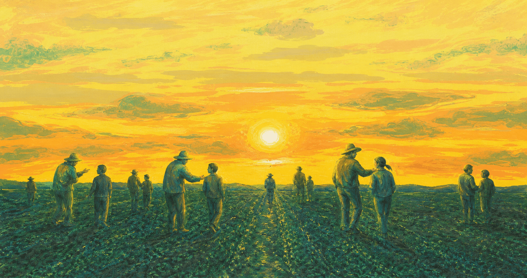 Mentors and learners crossing a dark field toward a yellow sunset in a textured painted landscape