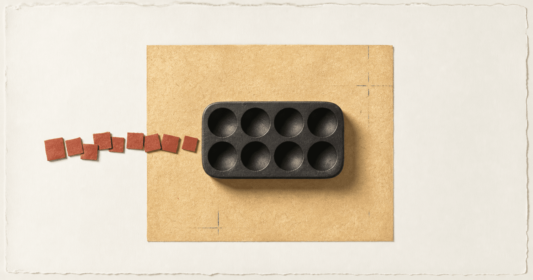 A sculptural black eight-cell CPU token receiving a queue of rust-red task cards on handmade paper